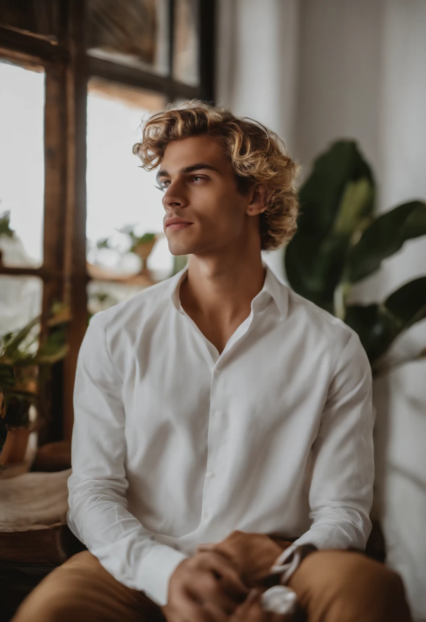 Homem branco jovem forte, com cabelos muito curtos e loiro muito claro dourado de etnia europeia. Ele deve estar em seu apartamento, de costas pra foto e sem camisa.