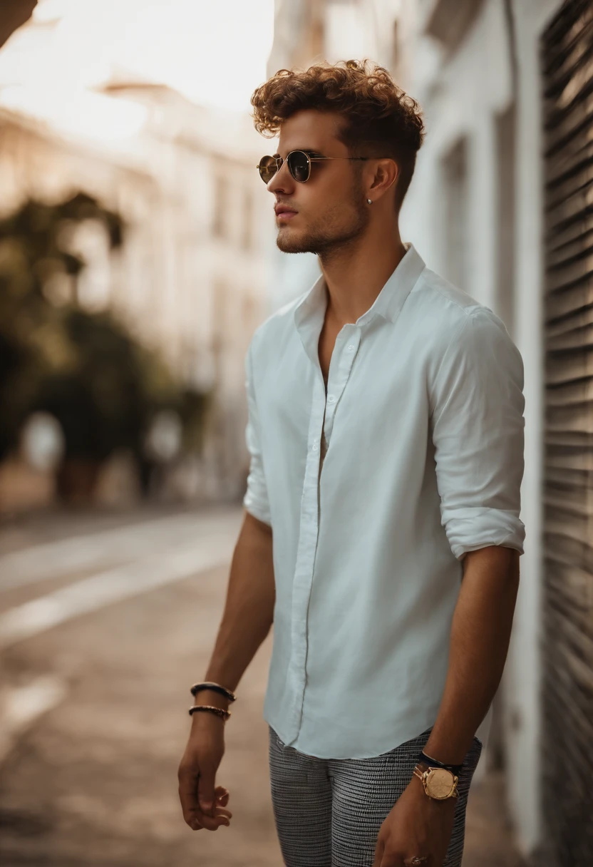 Homem branco jovem forte, com cabelos muito curtos e loiro muito claro dourado de etnia europeia. Ele deve estar em seu apartamento, de costas pra foto e sem camisa.