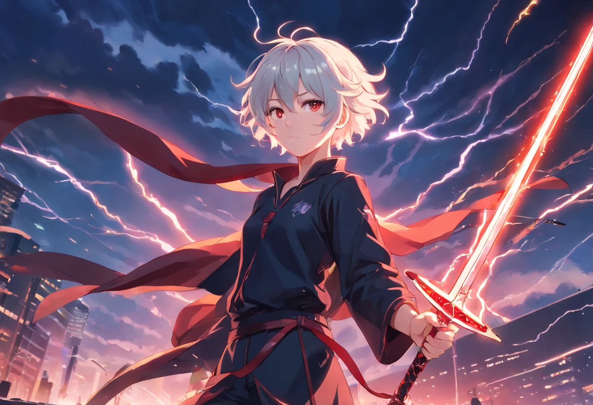 A young ager with white curly hair is blood-red in a black outfit with silver details holding a glass sword with lightning bolts sticking out
