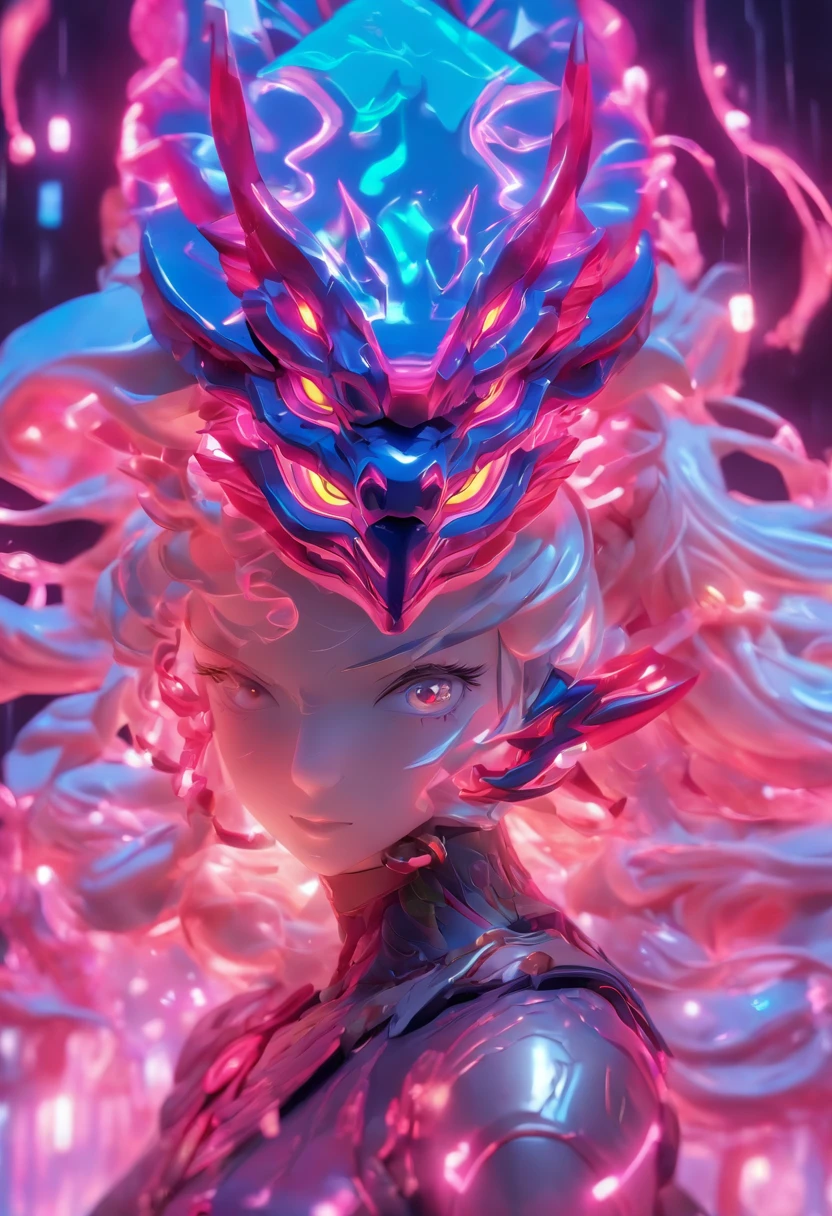 ChinesischDrache, (Blind Box Spielzeug Stil:1.2), (full-body shot) , 1 Transparent Girl,Hinter ihm steht ein durchsichtiger chinesischer Drache, Transparenter Mech, Exquisiter Helm:1.2, Leuchtende Brille:1.2, Cyberpunk, Dreamy glow, leuchtende Neonlichter, sauber, white background, ( Globale Beleuchtung, Rochen-Traching, HDR, Unwirkliches Rendern,Reasonable design, Hohe Detailgenauigkeit, Meisterwerk, best quality, hyper HD, Filmische Beleuchtung)