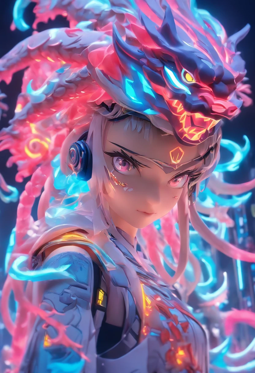 ChinesischDrache, (Blind Box Spielzeug Stil:1.2), (full-body shot) , 1 Transparent Girl,Hinter ihm steht ein durchsichtiger chinesischer Drache, Transparenter Mech, Exquisiter Helm:1.2, Leuchtende Brille:1.2, Cyberpunk, Dreamy glow, leuchtende Neonlichter, sauber, white background, ( Globale Beleuchtung, Rochen-Traching, HDR, Unwirkliches Rendern,Reasonable design, Hohe Detailgenauigkeit, Meisterwerk, best quality, hyper HD, Filmische Beleuchtung)