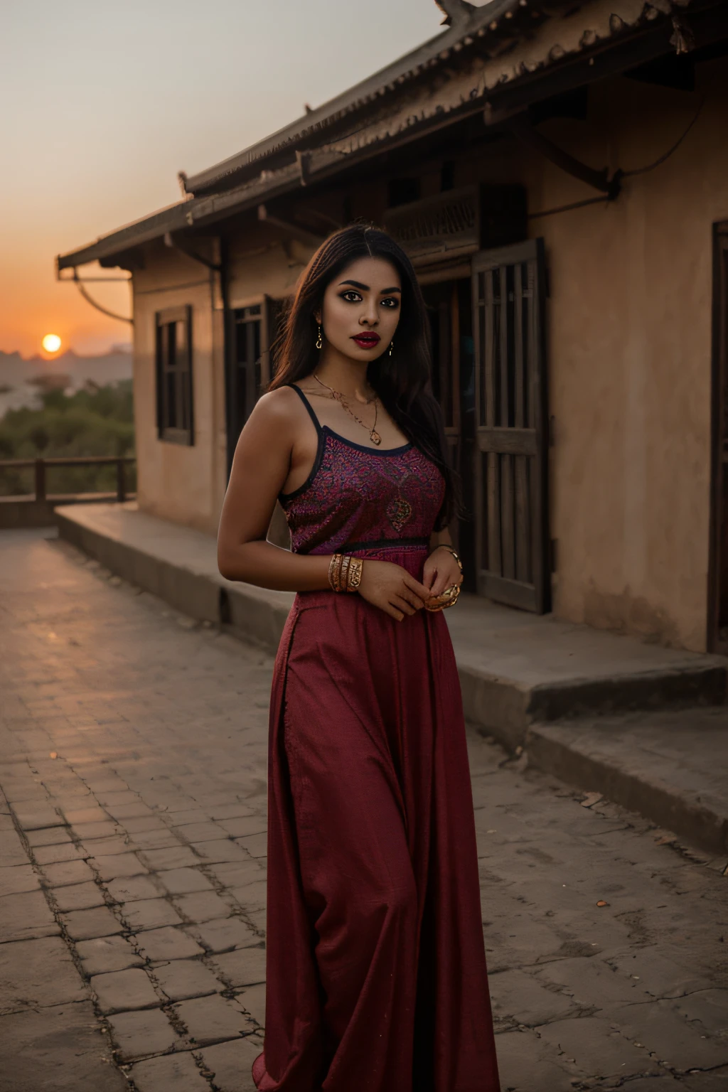 arab, dark skin,  woman, medium-small breasts, black hair, green eyes, colourful ,west asian traditional clothes, fully clothed, detailed shadows, HDR, photoreal, photograph, 8k, best quality, , black eyeliner, lipstick, necklace, full body picture, indian background, scenic, sunset