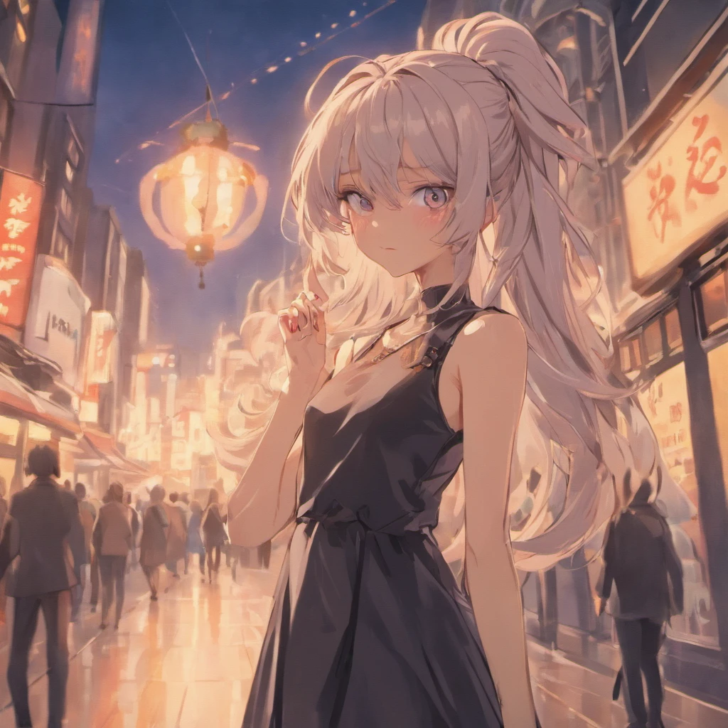 (Masterpiece, 1980's anime illustration:1.1), Girl in black sleeveless floral dress,20岁女孩,big gray eyes,Cherry small mouth,tall nose bridge,Melon seed face,Long face,Long black ponytail hair,Lots of hair,long whitr hair,The face is flushed,Tall and tall,The legs are slender,White and tender skin,The expression is shy,On the street,natta,blur backgroun,medium boob,the street lights,((k hd)),((4k画质)),独奏