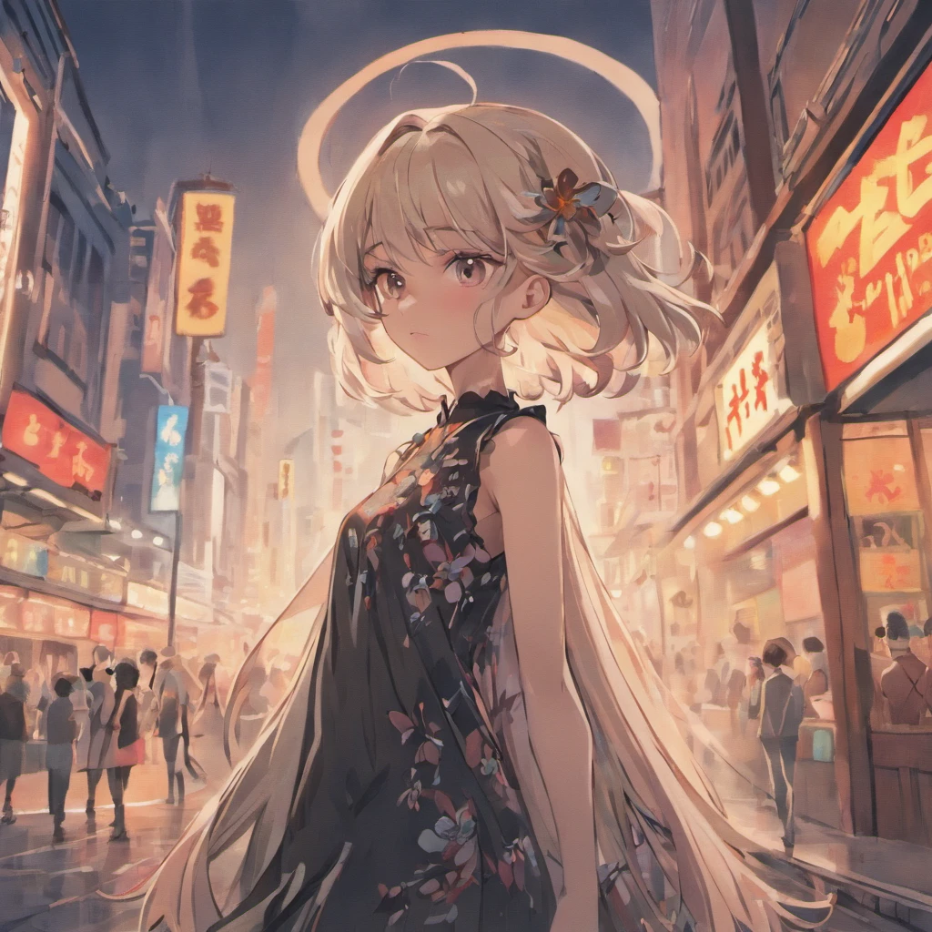 (Masterpiece, 1980's anime illustration:1.1), Girl in black sleeveless floral dress,20岁女孩,big gray eyes,Cherry small mouth,tall nose bridge,Melon seed face,Long face,Long black ponytail hair,Lots of hair,long whitr hair,The face is flushed,Tall and tall,The legs are slender,White and tender skin,The expression is shy,On the street,natta,blur backgroun,medium boob,the street lights,((k hd)),((4k画质)),独奏