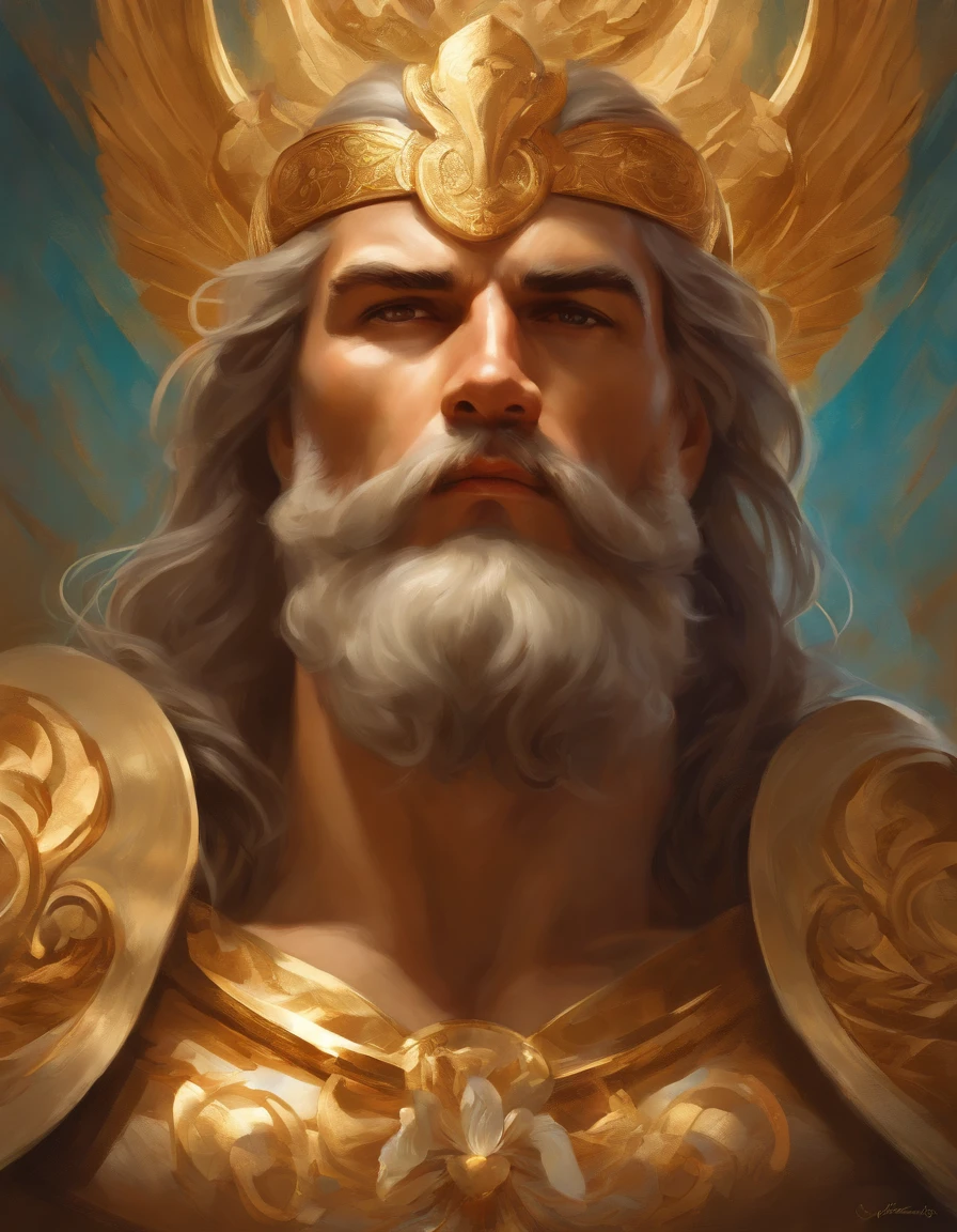 Portrait of an elegant stout mighty God unleashing all his powers, digital painting in the style of Robert Liberace, dynamic action poses of stout zeus, god of thunder, greek god, blond hair, male, mature, handsome, upper body, muscular, hairy torso, fantasy, intricate, elegant, highly detailed, digital painting, art station, concept art, soft, sharp focus, illustration, art by Robert Liberace, Gaston Bussiere and Alphonse Mucha, klimt, art deco