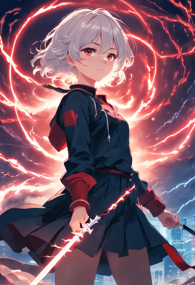 A young ager with white curly hair is blood-red in a black outfit with silver accents holding a glass sword with lightning sticking out
