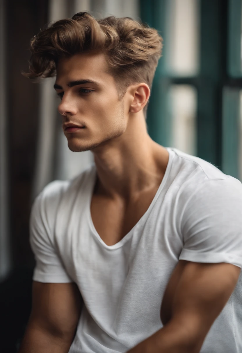 Homem branco jovem forte, com cabelos muito curtos e loiro muito claro dourado de etnia europeia. Ele deve estar em seu apartamento, de costas pra foto e sem camisa.