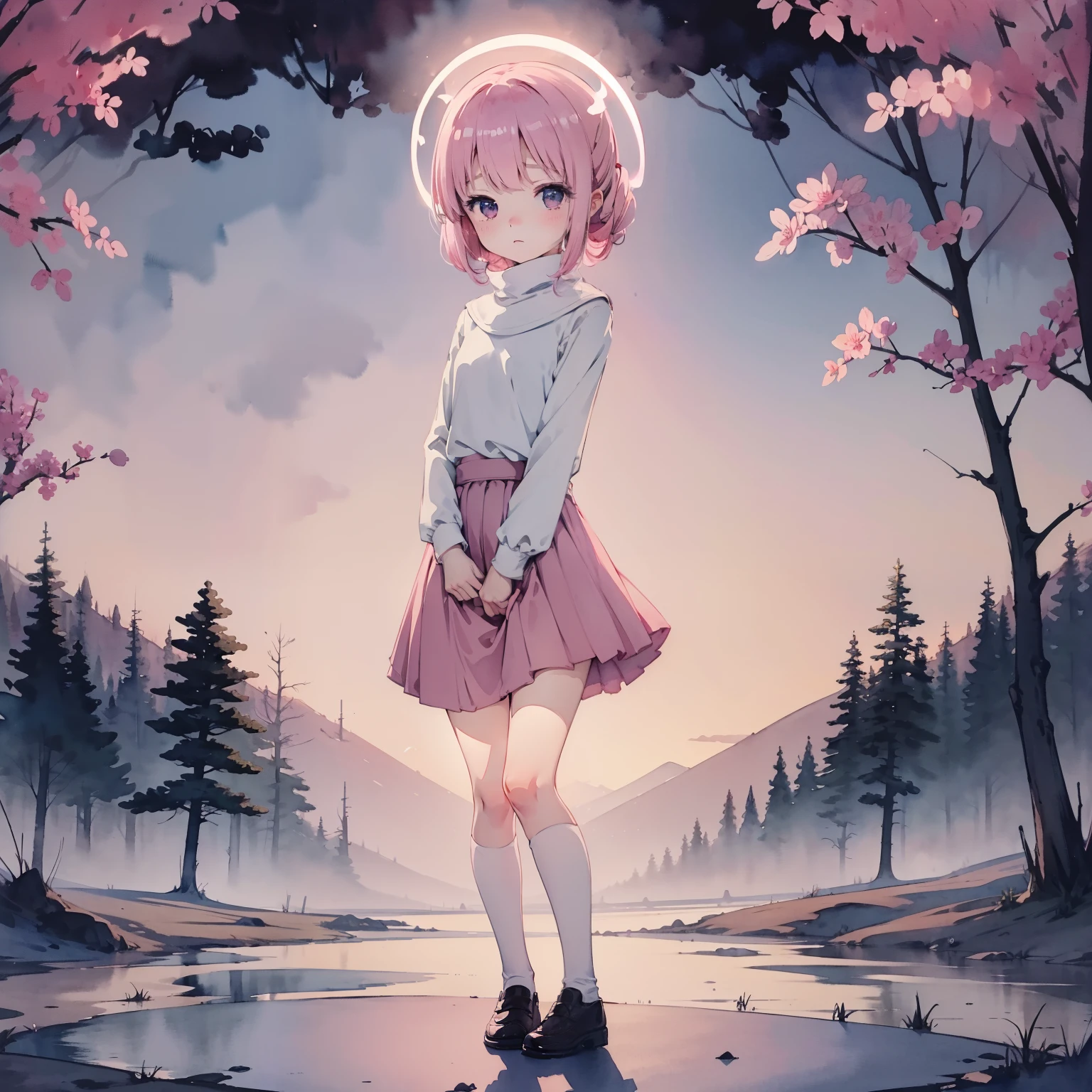 Beautiful and aesthetic,, Solo,Cute,Pink turtleneck,pleatedskirt(glowing ambiance, enchanting glow, luminouslighting, Ethereal atmosphere,Watercolor illustration, Perfect anatomy, Masterpiece, Best quality, 1girll, ****,elementary student,Nature, landscape