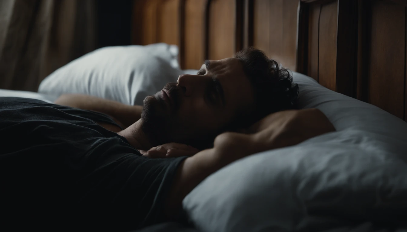 Um homem triste anonimo, in the bedroom with his hand on his head, fundo dark, ultra HD 4k