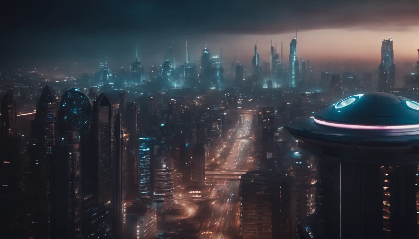 Um quadro fixo, Panoramic cityscape of a futuristic cyberpunk city. cinemactic. 8k. disco Rigido. alta qualidade.