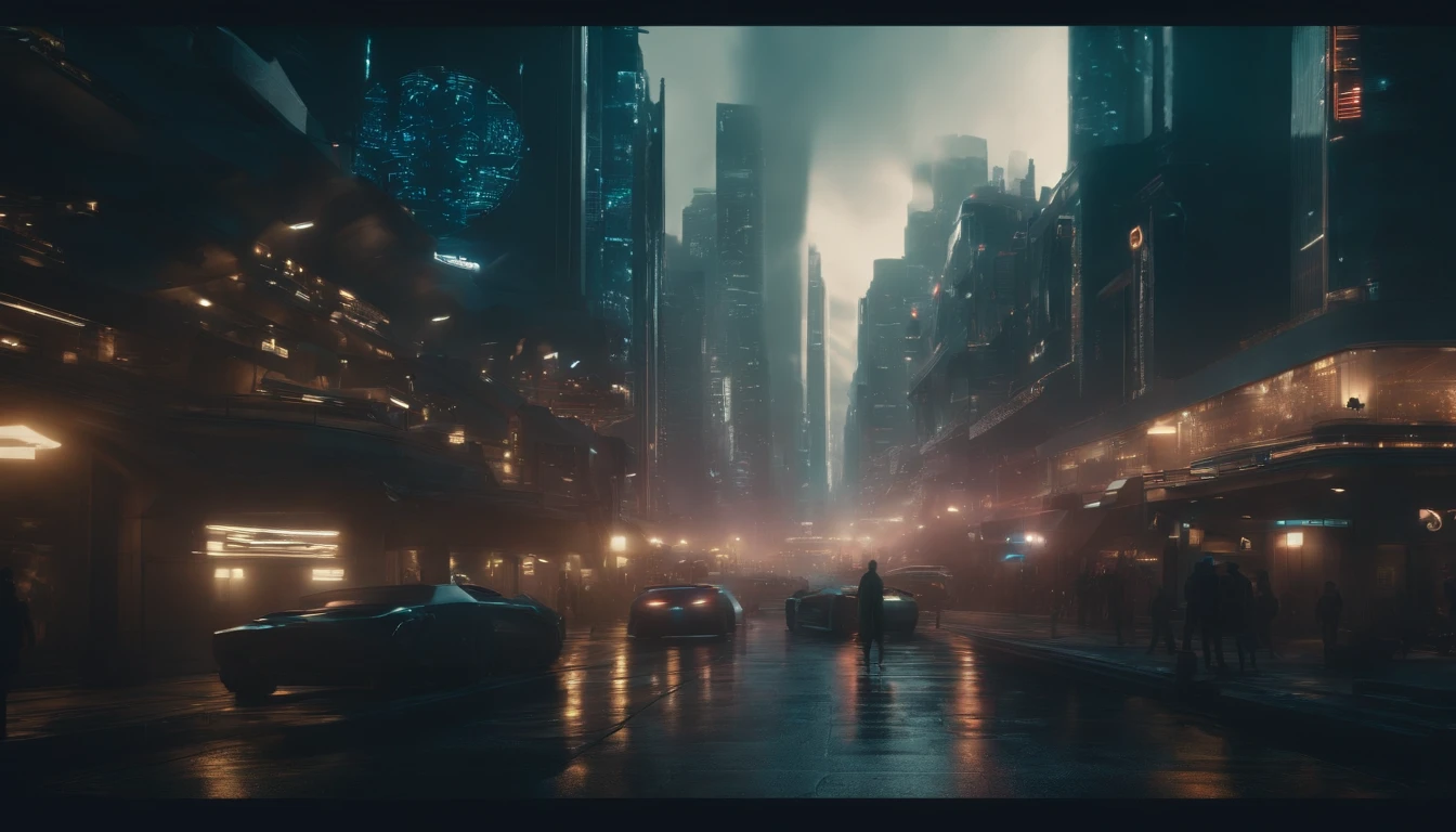 Um quadro fixo, Panoramic cityscape of a futuristic cyberpunk city. cinemactic. 8k. disco Rigido. alta qualidade.