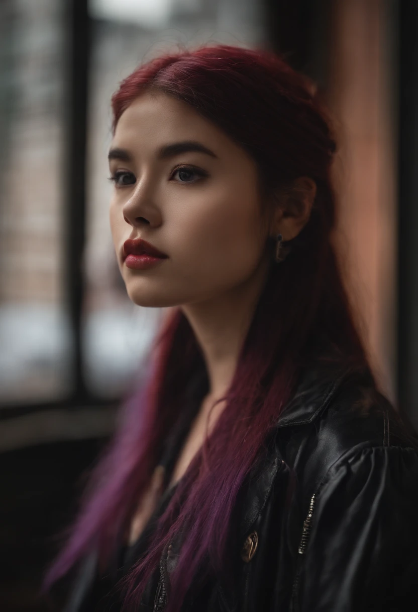 1girl in, Blunt bangs, braid, Wide sleeves, Hair Ornament, komono, red obi, (Purple hair:1.2), Very long hair, Straight hair, Looking at Viewer, Highly detailed background, (photographrealistic:1.2), Detailed eyes, Red eyeshadow, depth of fields,Thigh, (ulzzang-6500:0.7), Upper body, (Solo:1.2), (Cyberpunk City:1.1), cleavage, (Fingers on lips:1.1),Shiny skin
