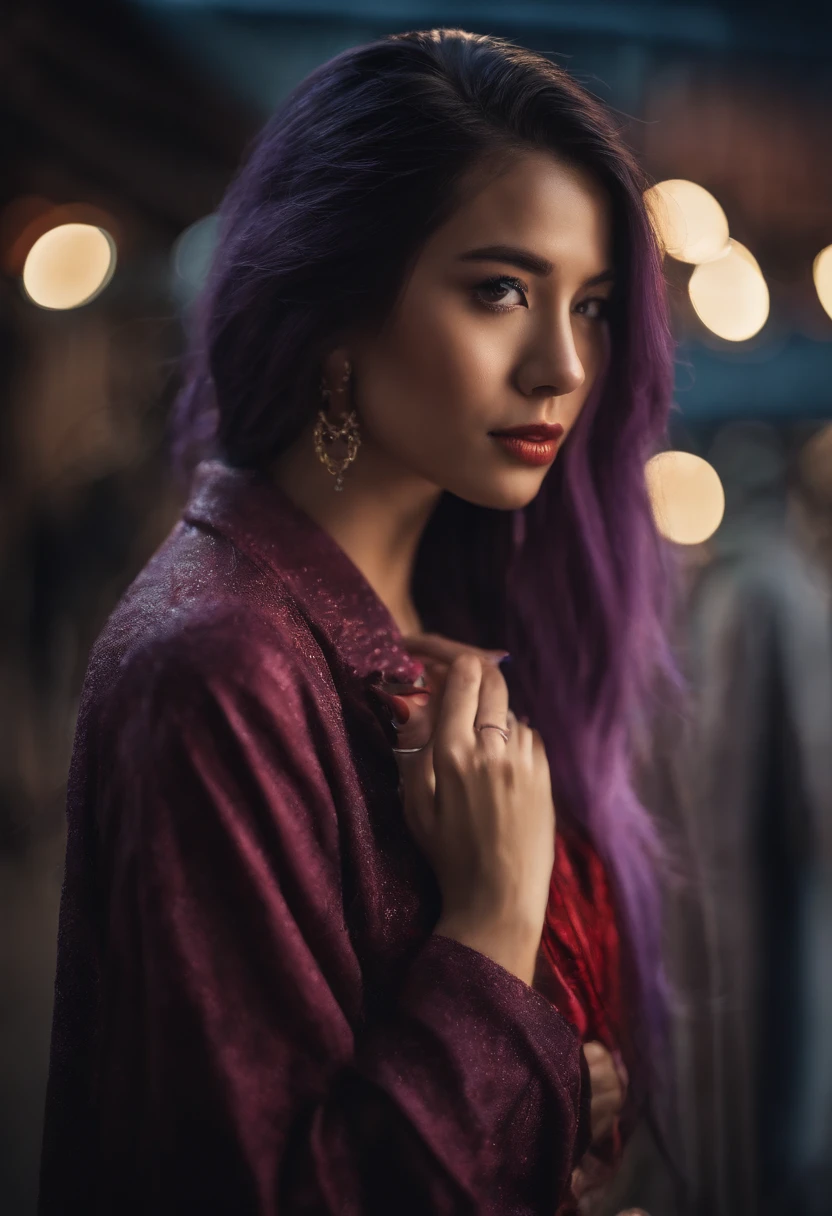 1girl in, Blunt bangs, braid, Wide sleeves, Hair Ornament, komono, red obi, (Purple hair:1.2), Very long hair, Straight hair, Looking at Viewer, Highly detailed background, (photographrealistic:1.2), Detailed eyes, Red eyeshadow, depth of fields,Thigh, (ulzzang-6500:0.7), Upper body, (Solo:1.2), (Cyberpunk City:1.1), cleavage, (Fingers on lips:1.1),Shiny skin