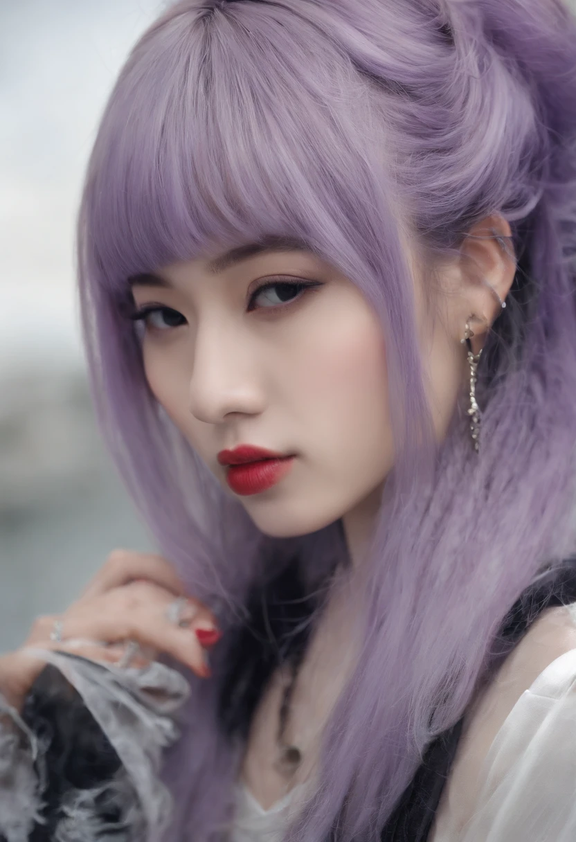 1girl in, Blunt bangs, braid, Wide sleeves, Hair Ornament, komono, red obi, (Purple hair:1.2), Very long hair, Straight hair, Looking at Viewer, Highly detailed background, (photographrealistic:1.2), Detailed eyes, Red eyeshadow, depth of fields,Thigh, (ulzzang-6500:0.7), Upper body, (Solo:1.2), (Cyberpunk City:1.1), cleavage, (Fingers on lips:1.1),Shiny skin
