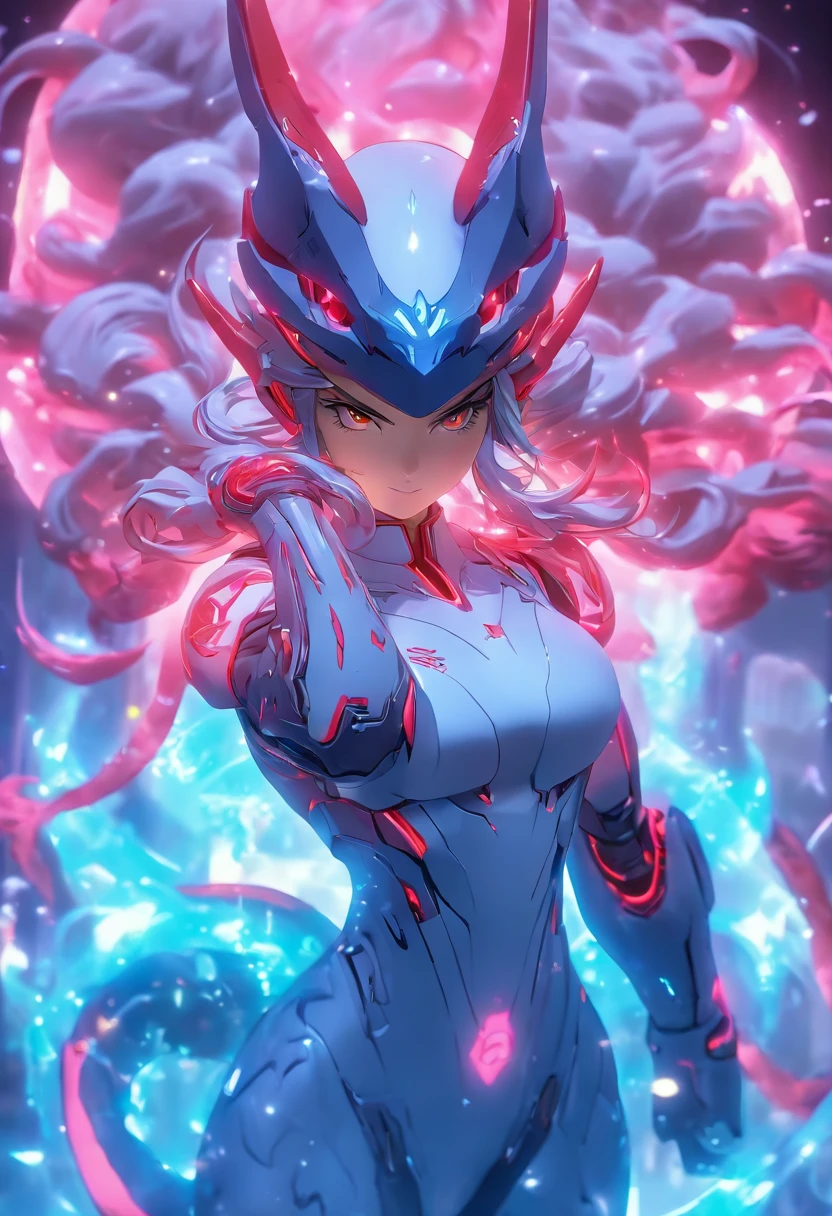 ChinesischDrache, (Blind Box Spielzeug Stil:1.2), (full-body shot) , 1 Transparent Girl,Hinter ihm steht ein durchsichtiger chinesischer Drache, Transparenter Mech, Exquisiter Helm:1.2, Leuchtende Brille:1.2, Cyberpunk, Dreamy glow, leuchtende Neonlichter, sauber, white background, ( Globale Beleuchtung, Rochen-Traching, HDR, Unwirkliches Rendern,Reasonable design, Hohe Detailgenauigkeit, Meisterwerk, best quality, hyper HD, Filmische Beleuchtung)
