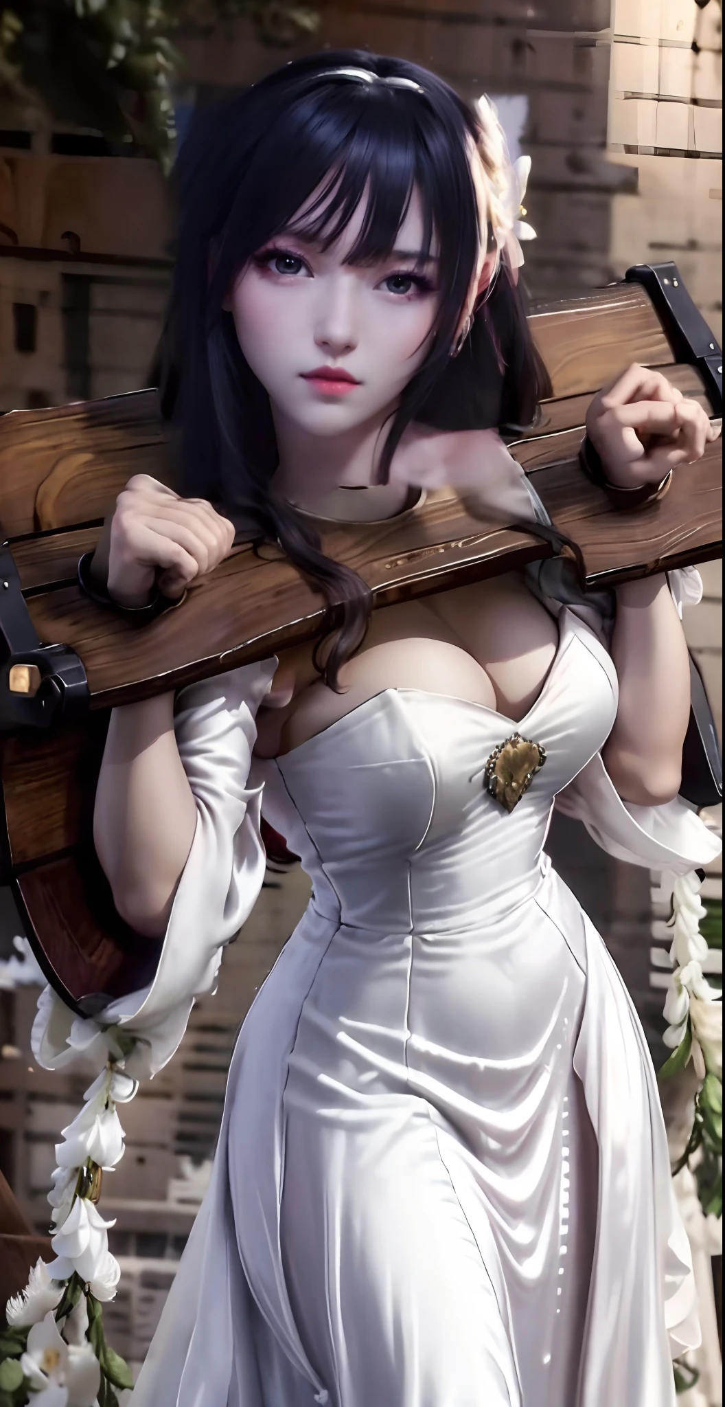 Close-up of a beautiful bride in a beautiful wedding dress, Gurvetz,( pillory:1.5), Flail on the head, Flail on the hands, Flail,(Bridal veil: 1.5), (Short transparent veil: 1.5), Flushed face, Head flower, head gear, (Tubular wedding dress: 1.5), (Silk dress: 1.2 ), (Strapless wedding dress: 1.5), Pure white dress, necklace, Earrings, (Huge breasts: 1.3), Deep V heart collar wedding dress, bangs, lipstick, (Lace gloves: 1.3), Full body photo, High detail RAW color art, a white long skirt, Whole body, with hands behind her back, and floor-length skirts,