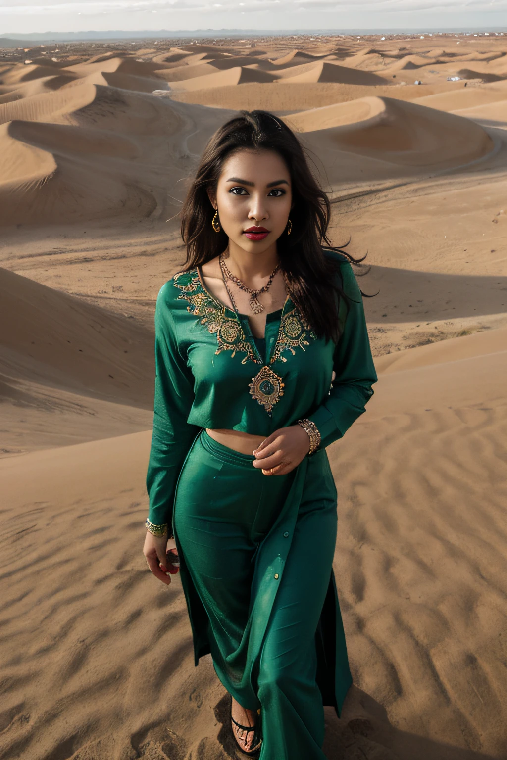 arab, dark skin,  woman, medium-small breasts, black hair, green eyes, colourful ,west asian traditional clothes, fully clothed, detailed shadows, HDR, photoreal, photograph, 8k, best quality, , black eyeliner, lipstick, necklace, full body picture, rooftop ,dunes background, scenic,