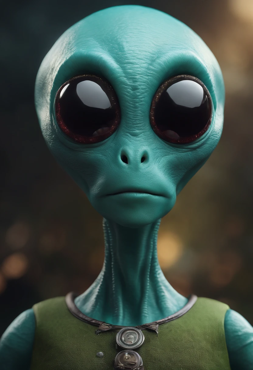 Create a super realistic image of an alien with a fat head and small body and 3 big black eyes.