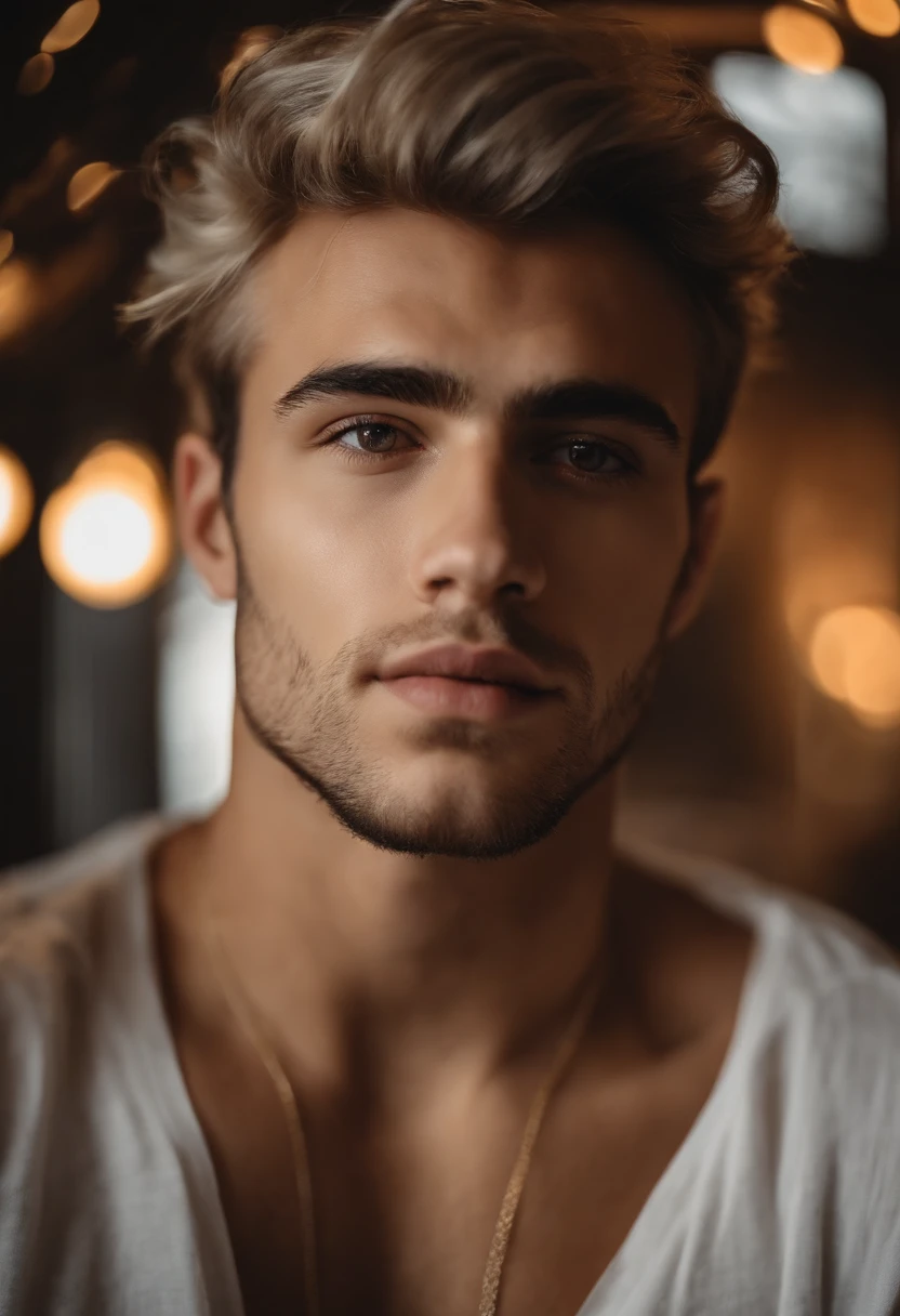 Homem branco jovem forte, com cabelos muito curtos e loiro muito claro dourado de etnia europeia. Ele deve estar em seu apartamento, de costas pra foto e sem camisa.