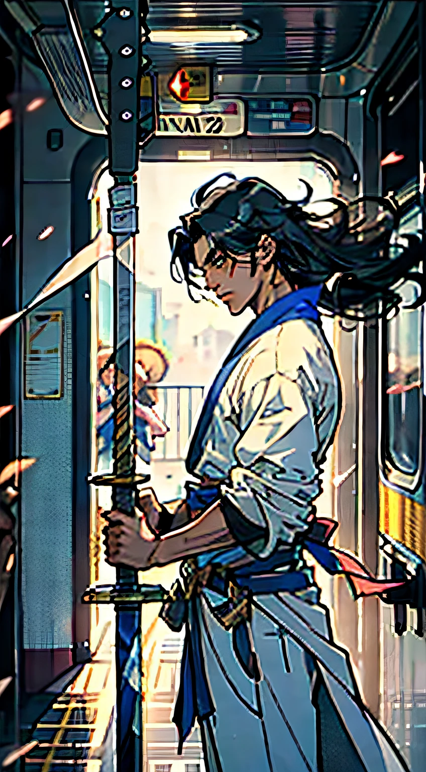 A young man with thick jet-black hair, Medium-length hair, clear and bright eyes, a relaxed and composed demeanor, handsome features, stands in a train, in a train, dressed in a loose white robe, the hem flowing gracefully in the wind, wide sleeves, a sky-blue sash is tied around his waist, he wears loose white trousers, he holds a longsword with a black scabbard, a longsword with a black scabbard, he radiates an aura of transcendence and elegance, this character embodies a finely crafted Chinese martial hero design in anime style, characterized by a sophisticated and mature manga illustration art style, high definition, best quality, highres, ultra-detailed, ultra-fine painting, extremely delicate, professional, anatomically correct, symmetrical face, extremely detailed eyes and face, high quality eyes, creativity, RAW photo, UHD, 8k, Natural light, cinematic lighting, masterpiece:1.5