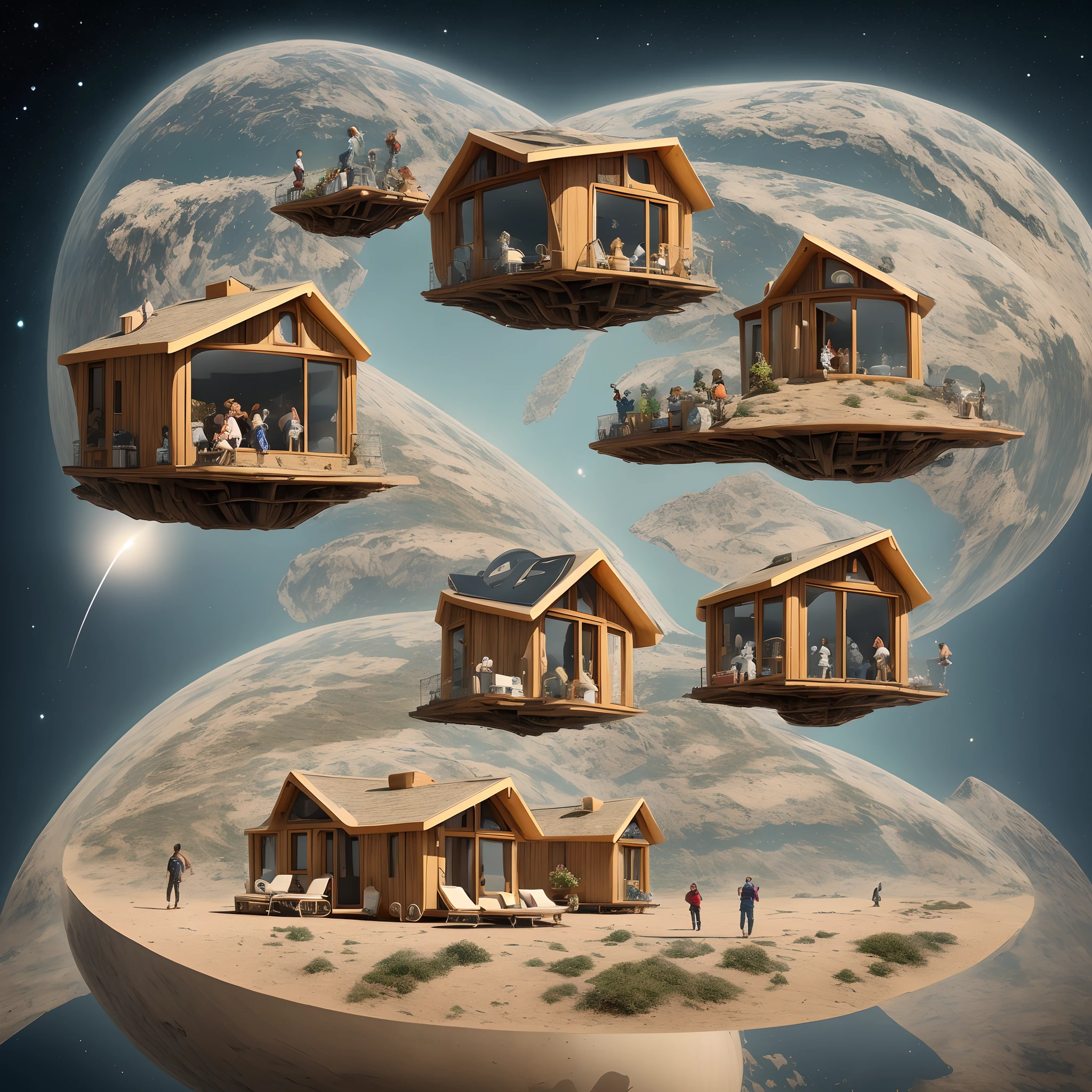 Multiple tiny houses each on a tiny planet with diversity of family members floating in the outer space surrounded with stars and milky way and flying mini spaceships
