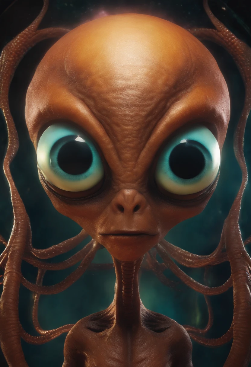 Create a super realistic image of an alien with a fat head and small body and 3 big black eyes.