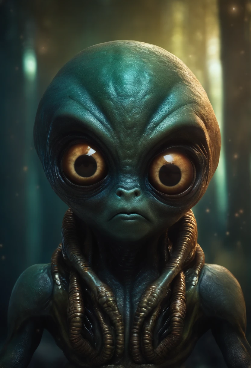 Create a super realistic image of an alien with a big head and a small body and 3 big black eyes.