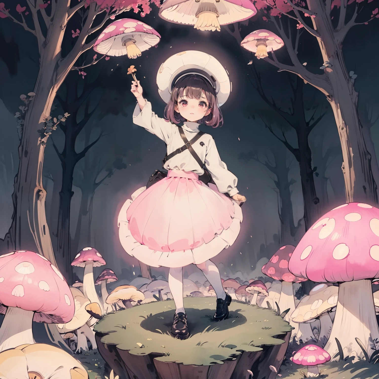 Beautiful and aesthetic,, Solo,Cute,Pink turtleneck,pleatedskirt，Dance，Cogumelos，Mushrooms，Huge mushrooms，spore，(glowing ambiance, enchanting glow, luminouslighting, Ethereal atmosphere,Watercolor illustration, Perfect anatomy, Masterpiece, Best quality, 1girll, Loli,elementary student,Nature, landscape