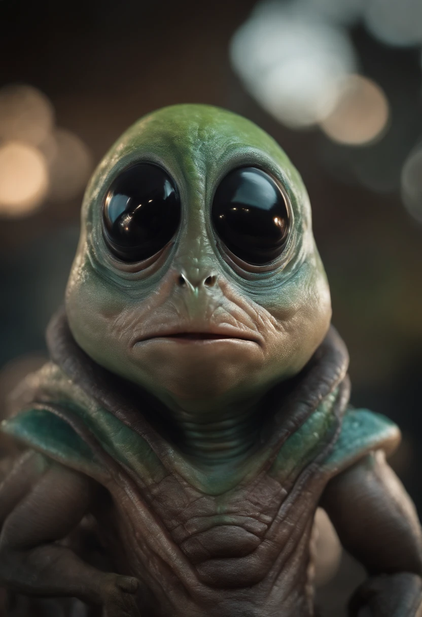 Create a super realistic image of an alien with a fat head and small body and 3 big black eyes.