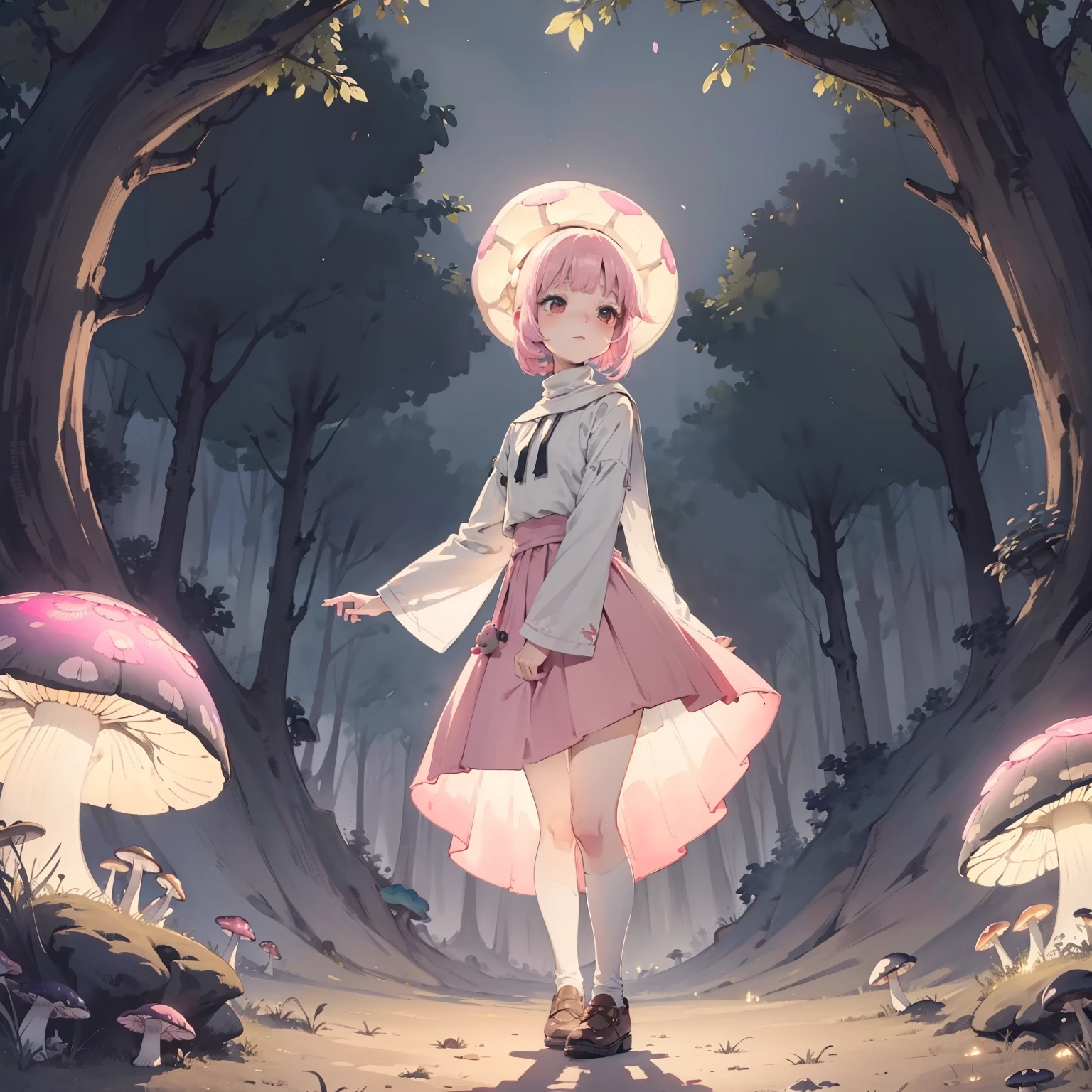 Beautiful and aesthetic,, Solo,Cute,Pink turtleneck,pleatedskirt，Dance，Cogumelos，Mushrooms，Huge mushrooms，spore，(glowing ambiance, enchanting glow, luminouslighting, Ethereal atmosphere,Watercolor illustration, Perfect anatomy, Masterpiece, Best quality, 1girll, Loli,elementary student,Nature, landscape