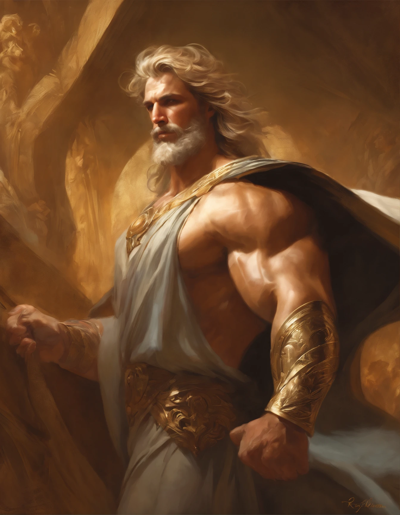 Portrait of an elegant stout mighty God unleashing all his powers, digital painting in the style of Robert Liberace, dynamic action poses of stout zeus, god of thunder, greek god, blond hair, male, mature, handsome, upper body, muscular, hairy torso, fantasy, intricate, elegant, highly detailed, digital painting, art station, concept art, soft, sharp focus, illustration, art by Robert Liberace, Gaston Bussiere and Alphonse Mucha, klimt, art deco