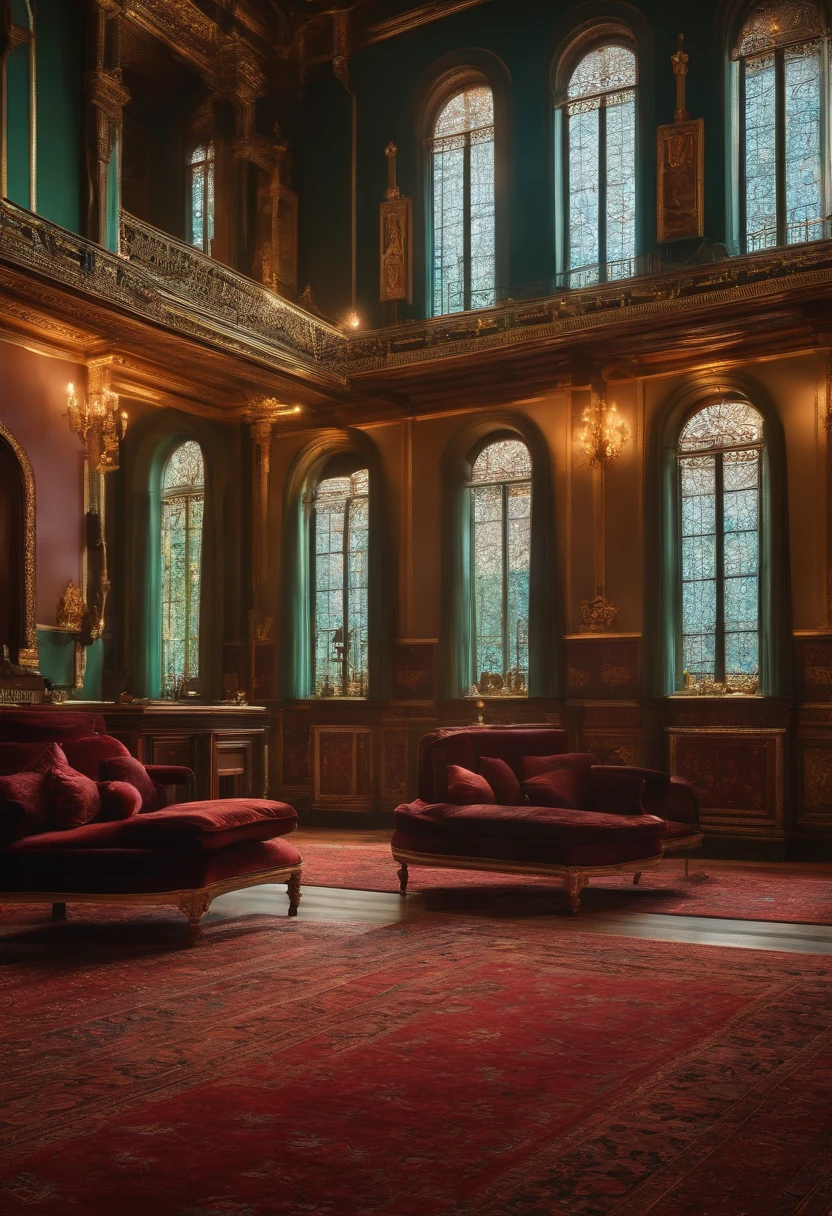 Crie um fundo ultrarealista que mostre uma sala com muito dinheiro, com pilhas de moedas, that have other elements that refer to wealth.