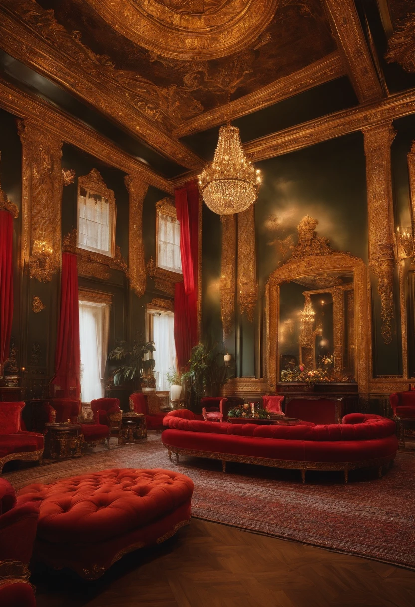 Crie um fundo ultrarealista que mostre uma sala com muito dinheiro, com pilhas de moedas, that have other elements that refer to wealth.