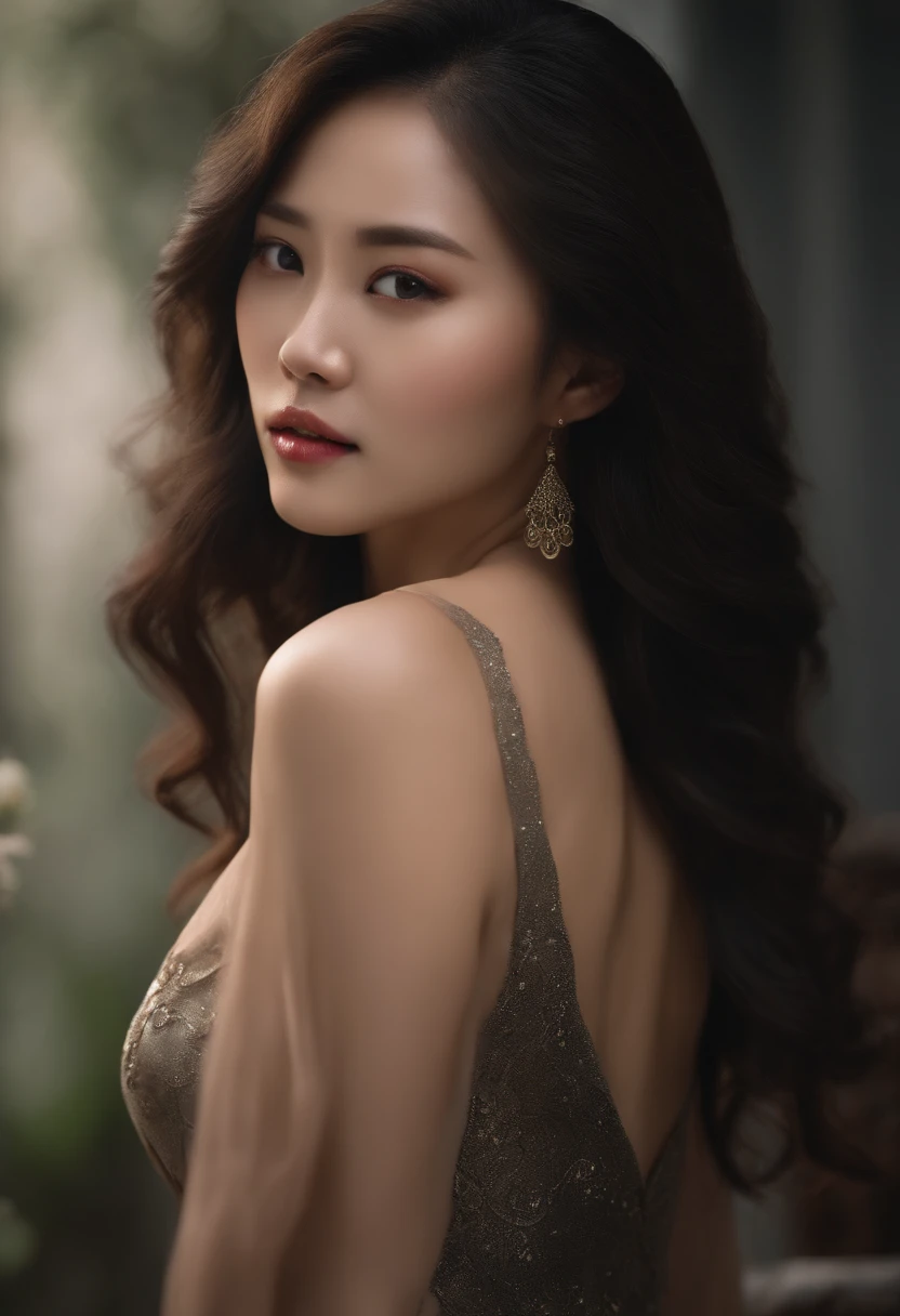araffed woman with long hair asian goddess, lit from behind, on her knees, low view, sexy girl, softly backlit, on knees, looking from behind, character is in her natural pose, very sexy pose