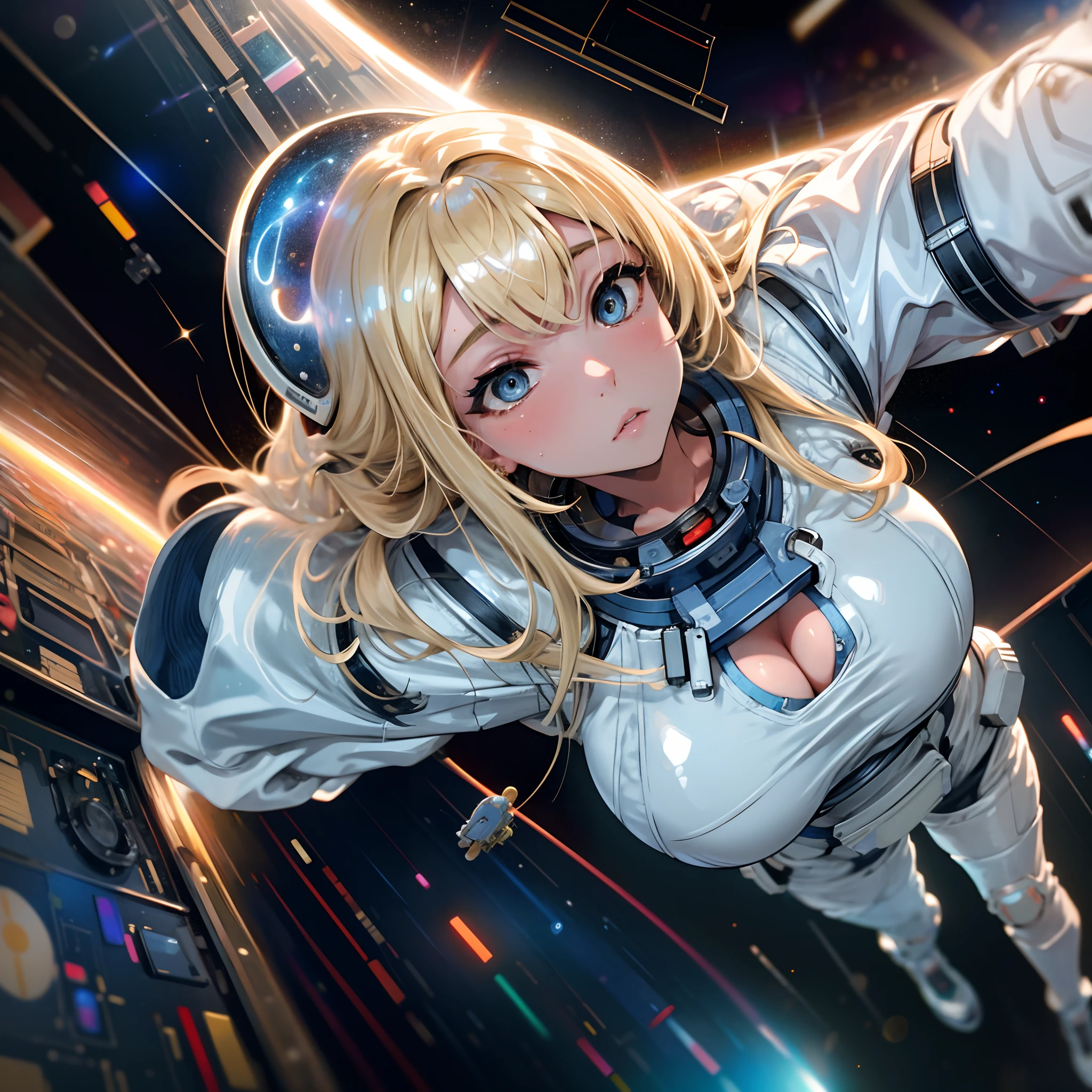The most beautiful and sexy astronaut girl, blonde hair, blue eyes, wearing highly detailed astronaut spacesuit, huge gigantic tits, cleavage showing, in outer space, highly detailed background, perfect masterpiece, high quality, high resolution