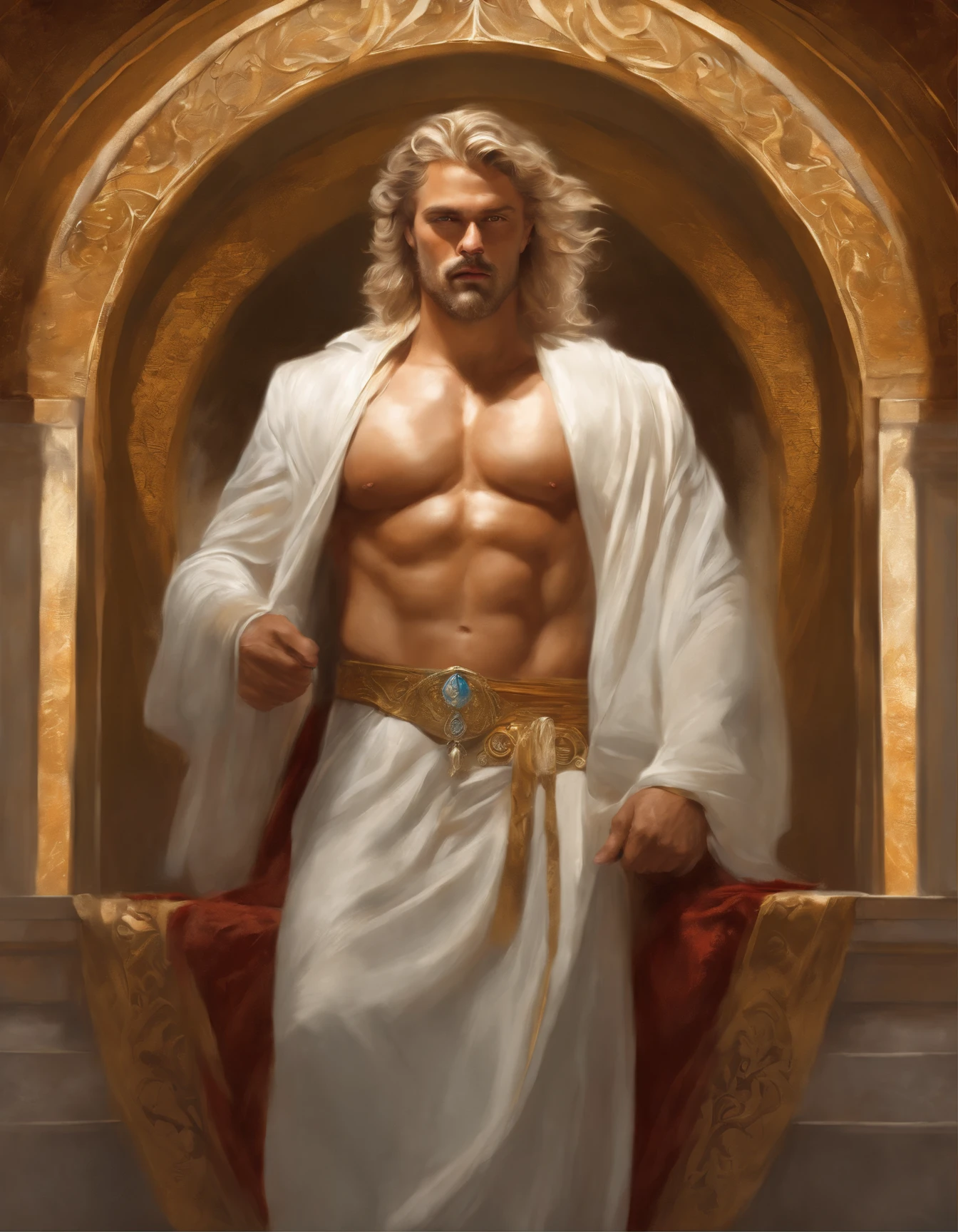 Portrait of an elegant stout mighty God unleashing all his powers, digital painting in the style of Robert Liberace, dynamic action poses of stout zeus, god of thunder, greek god, blond hair, male, mature, handsome, upper body, muscular, hairy torso, fantasy, intricate, elegant, highly detailed, digital painting, art station, concept art, soft, sharp focus, illustration, art by Robert Liberace, Gaston Bussiere and Alphonse Mucha, klimt, art deco