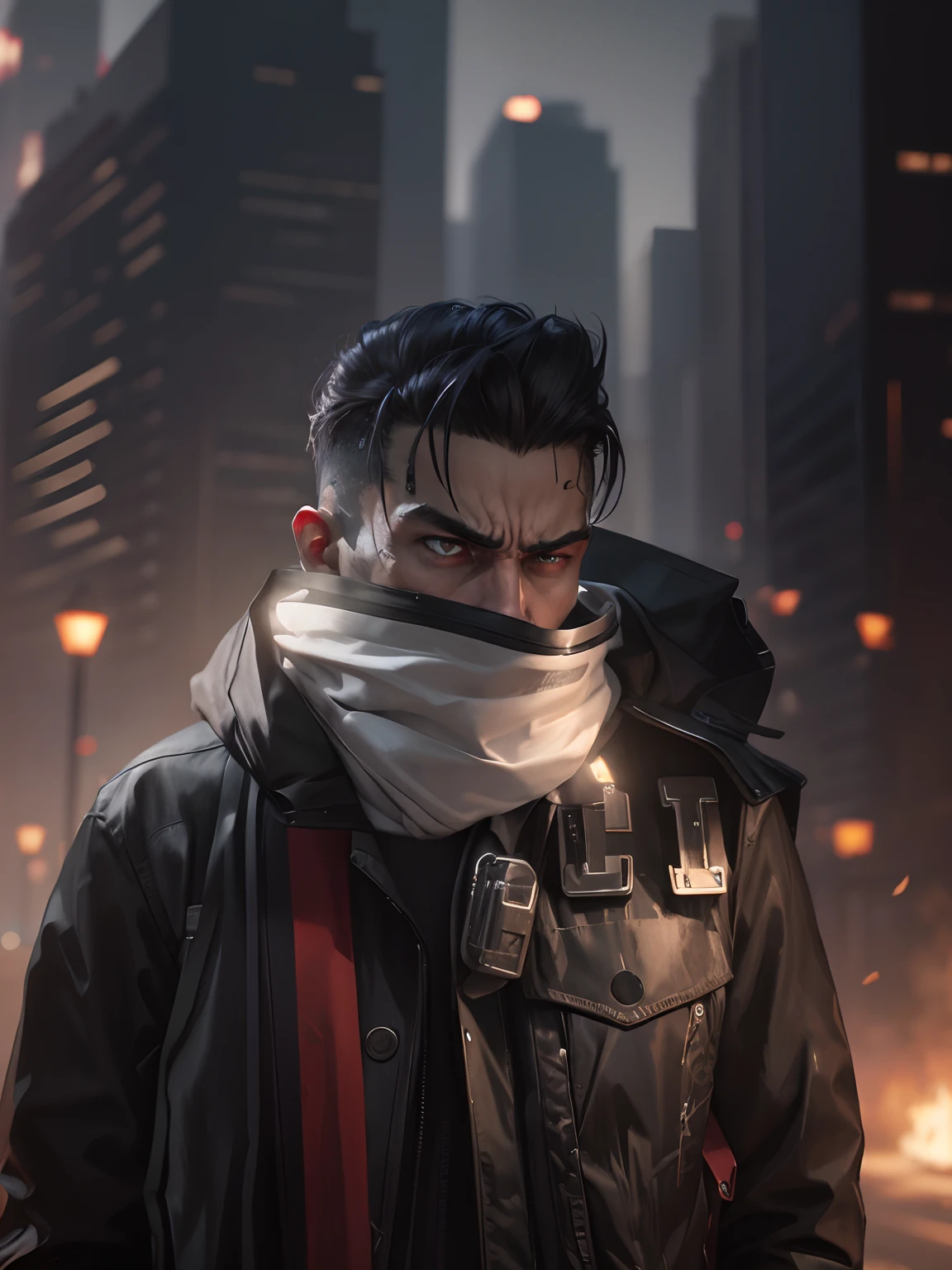 Realistic Face hide with luxury clothe, me look like realistic, angry dangerous eyes, angry expressions, angry look, realistic, cyberpunk, 4k, look like realistic, criminal look, gangster, gunslinger, gangwar theme, feel like realistic