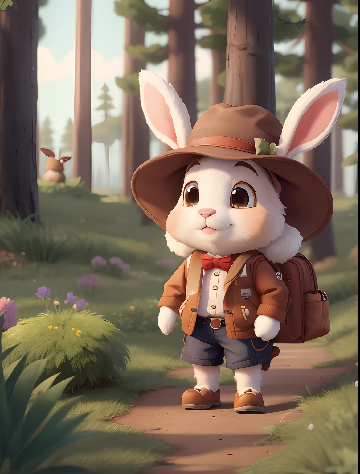 Rabbit with hat and backpack walking in a forest, Rabbt_character, bonito 3d render, painting digital adorable, cute anthropomorphic bunny, arte digital detalhada bonito, , personagem bonito dos desenhos animados, Judy Hopps de Zootopia, criatura fofa da floresta, bela arte digital, 4k