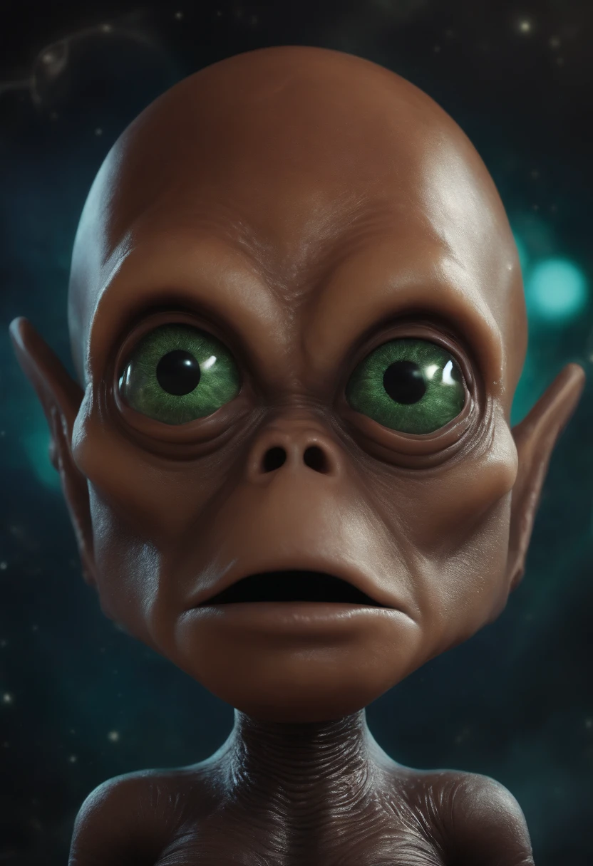 Create a super realistic image of an alien with a fat head and small body and 3 big black eyes.