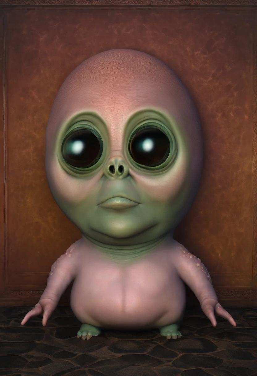 Create a super realistic image of an alien with a fat head and small body and 3 big black eyes.