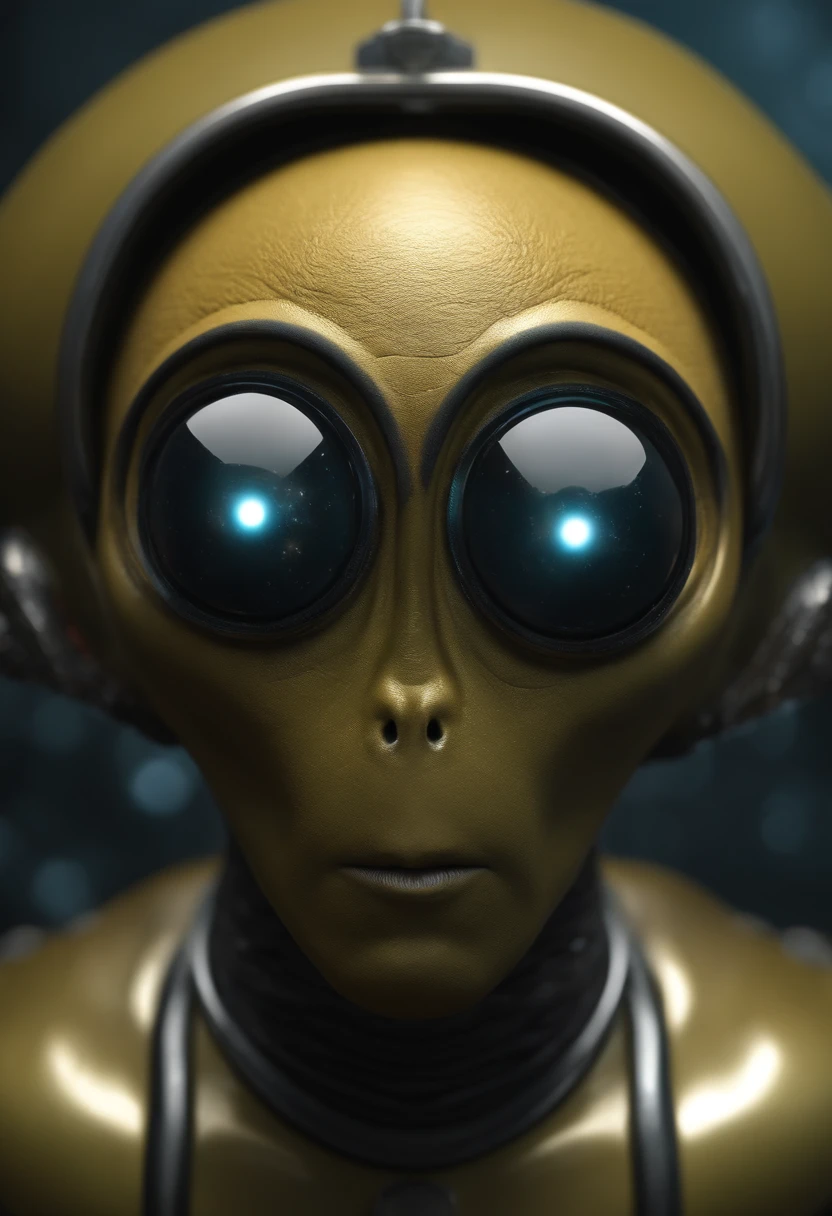 Create a super realistic image of an alien with a fat head and small body and 3 big black eyes.