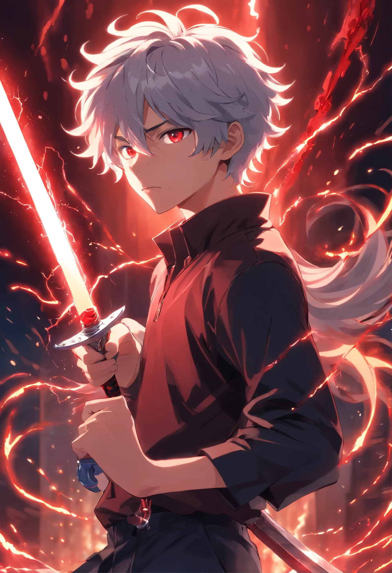 A young age man with white curly hair is blood-red in a black outfit with silver accents holding a glass sword with lightning sticking out