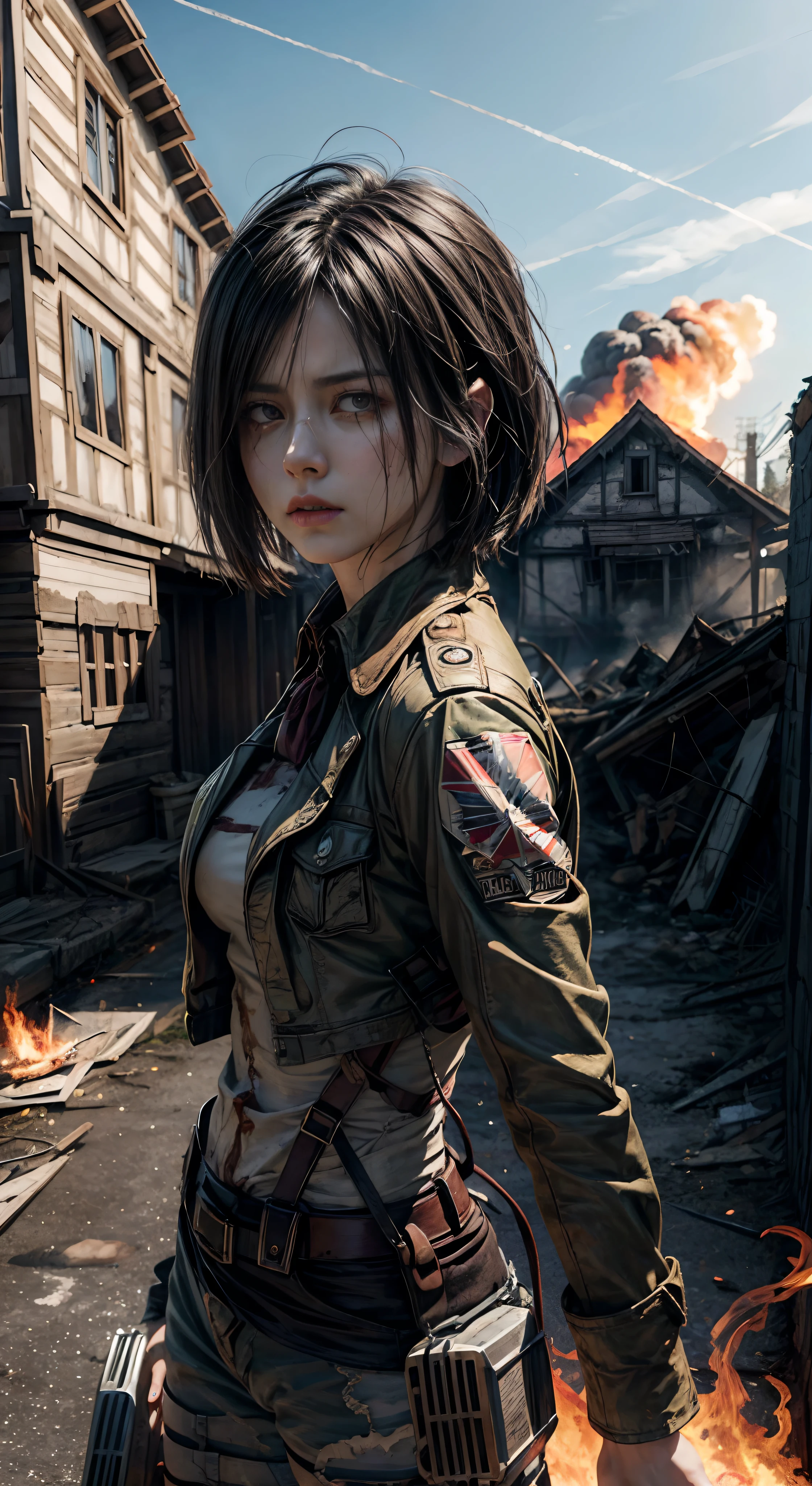 Photorealism a cover book. A woman far away with a short shaggy black hair, in front of the building standing, with military uniform in a zombie apocalypse, she's filled in blood 