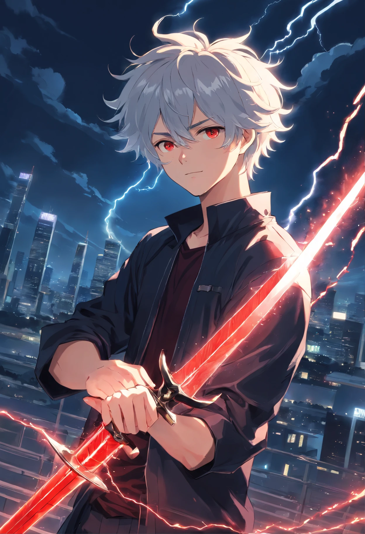 A young teenage man with white curly hair is blood-red in a black outfit with silver accents holding a glass sword with lightning sticking out
