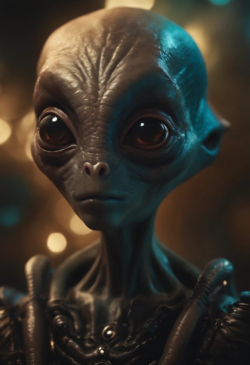 Create a super realistic image of an alien with a fat head and small body and 3 big black eyes.