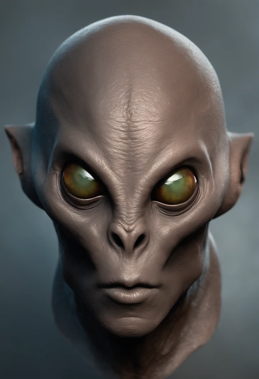 Create a super realistic image of an alien with a fat head and small body and 3 big black eyes.