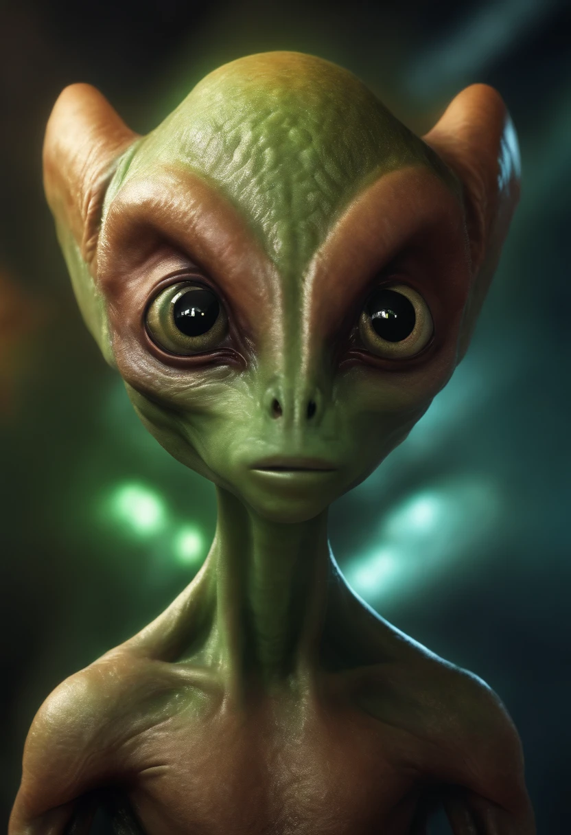 Create a super realistic image of an alien with a fat head and small body and 3 big black eyes.