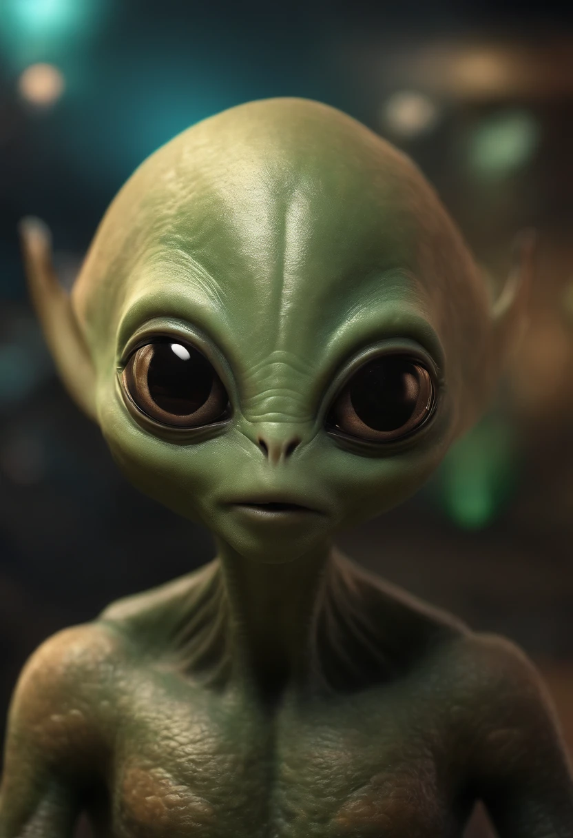 Create a super realistic image of an alien with a fat head and small body and 3 big black eyes.