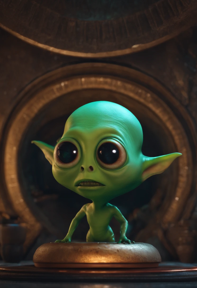 Create a super realistic image of an alien with a fat head and small body and 3 big black eyes.