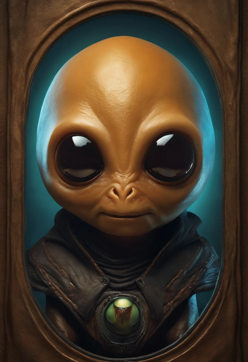 Create a super realistic image of an alien with a fat head and small body and 3 big black eyes.